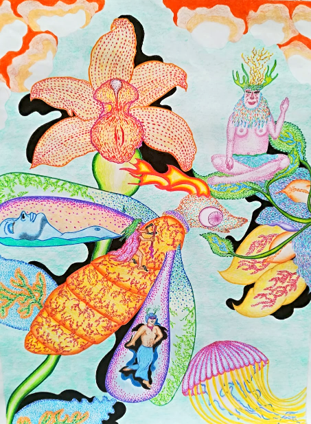 Ilustración colorida de flores, un gran insecto volandoy un chamán saludando.